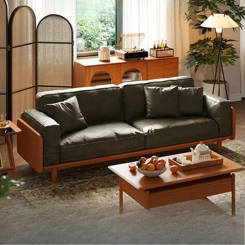 Cherry wood solid wood leather sofa small apartment Japanese log style sofa Nordic living room