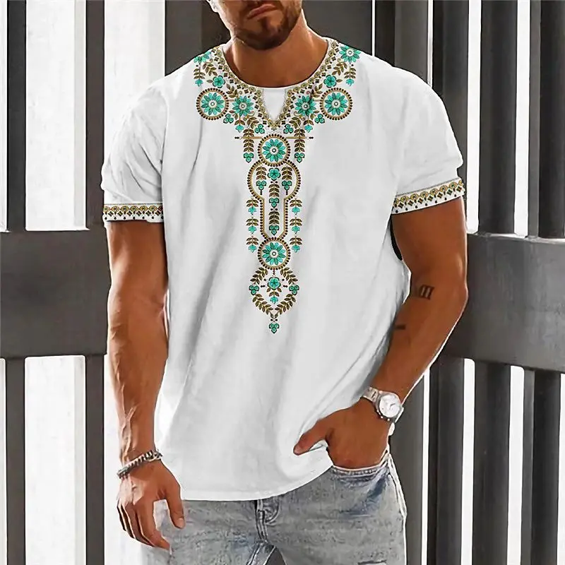 Camiseta étnica Vintage para hombre, ropa con estampado 3d, Tops de cuello redondo, camiseta de manga corta de gran tamaño, ropa de calle suelta de