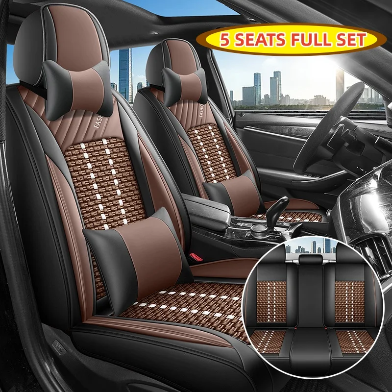 (Luxury Edition) 5 Seats in Total, with 2 Headrests and 2 Lumbar Supports, Luxurious Ice Silk Full-Cover Car Seat Covers, Universal, Breathable and Not Stuffy, Suitable for All Seasons, Fits the Seats Well, with 3D Side Support, Enhances Your Driving Experience, Available in Five Colors, Suitable for Various Models Such as Sedans, Suvs, Trucks