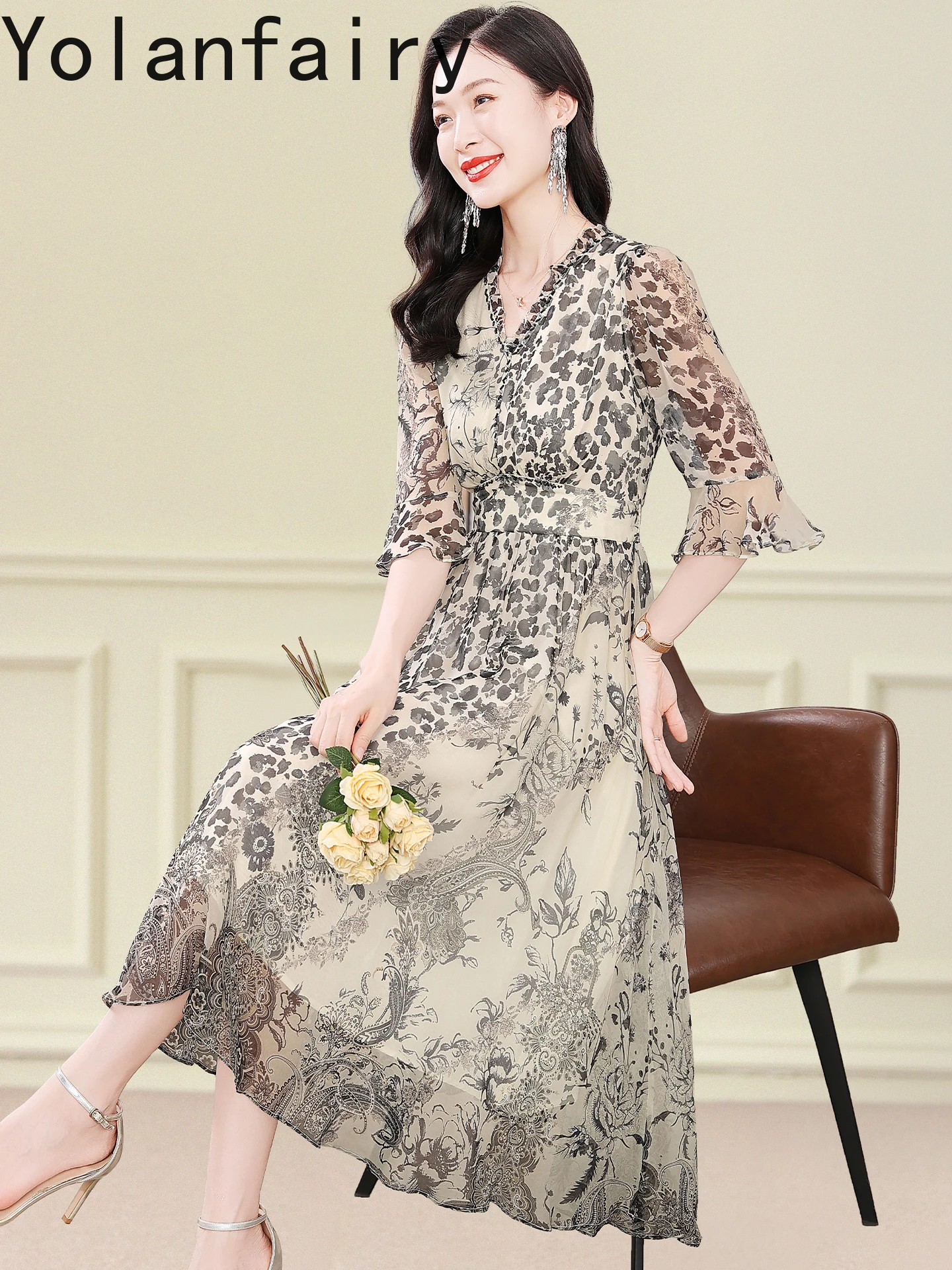 YOLANFAIRY جودة عالية 100% التوت فستان حريري صيف 2025 امرأة الراقية خمر ليوبارد طباعة فساتين الخامس الرقبة فستان التخسيس