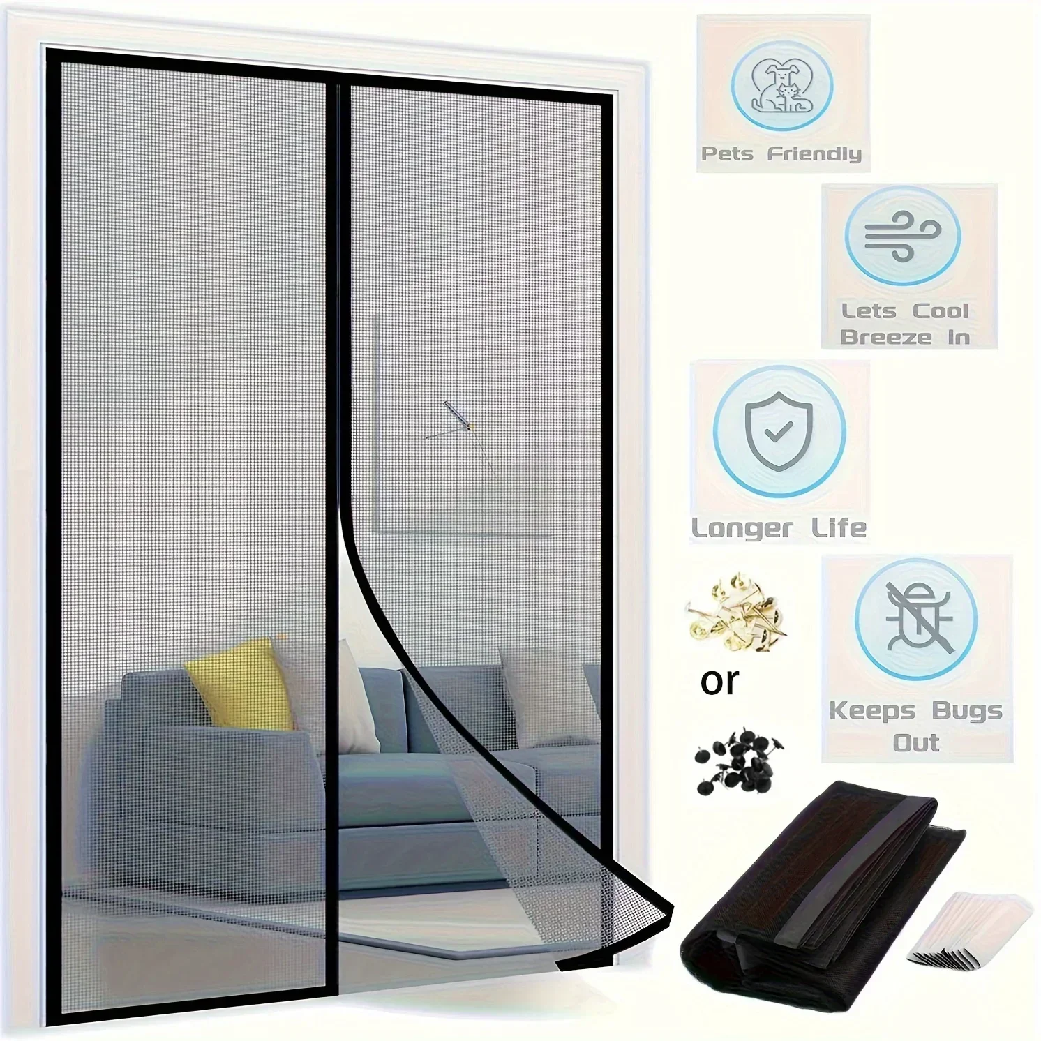 1 Set Magnetic Door Curtain Self Sealing Heavy Duty Hands Free Mesh Partition Keeps Bugs Out Pet And Kid Friendly