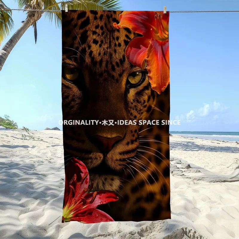 

Leopard & Tropical Lily Beach Towel Patterned Sunscreen And Windproof Suitable For Swimming Pool Camping Travel