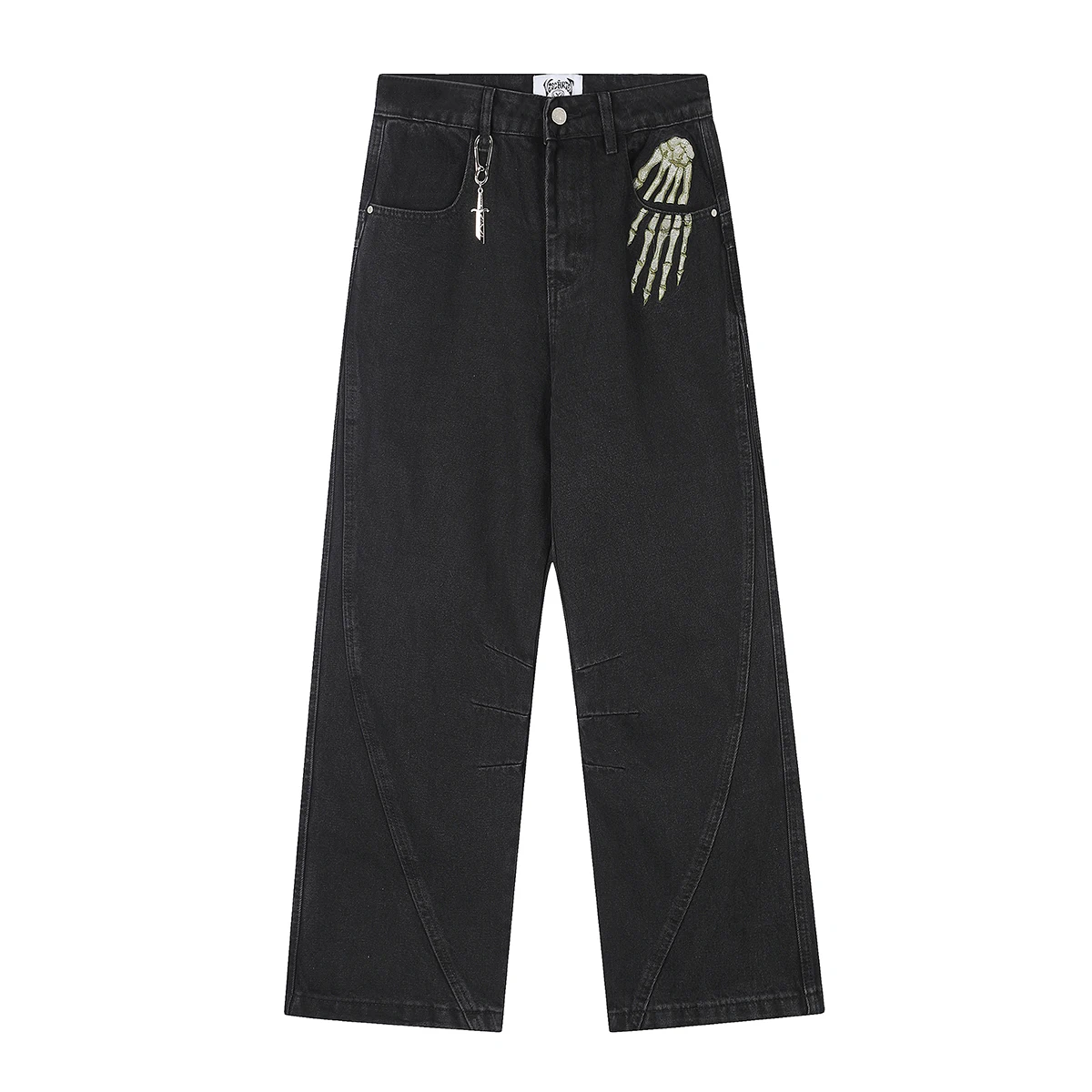 Harajuku Skull Finger Embroidery Black Baggy Jeans Pants for Men Straight Vintage Loose Casual Denim Trousers Oversized