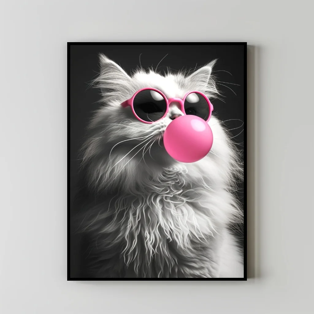 2D Flat, 2D Flat, Frameless Textile Poster Featuring a Delightful Persian Cat with Stylish Goggles And Playful Bubble Gum, Me