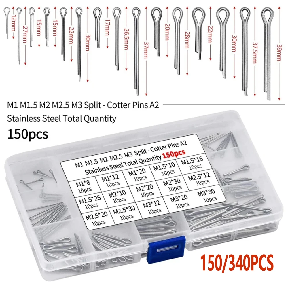150/340 peças de pinos divididos/pinos divididos de aço inoxidável 304 u-pin equipamento de energia mecânica grampo de cabelo de carro kit de pinos divididos em u