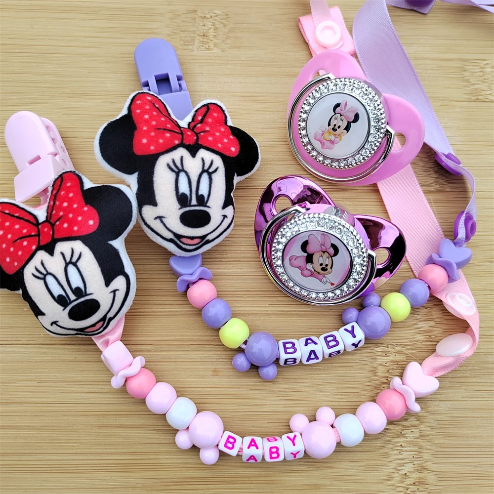 

2023 Hot Pink Minnie Mouse Plush Pacifier Toddler Girl Babi Animal Cartoon Cute Beaded Pacifier Clip with Personalized Name Gift