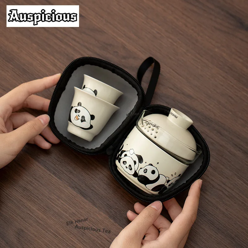 Cute Panda Outdoor Travel Tea Set Kit Retro 1 Pot 3 Cups Tea Brewing Organizer Portable Outdoor Stock Bags Teaware Accessories