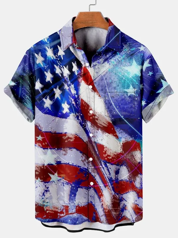 American Flag Printed Men's Shirts Fashion Hawaiian Shirt Leisure Beach Eagle Shirt Retro Lapel Collar Oversized Men's Clothing