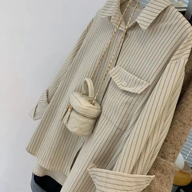 Women Classic Striped Casual Streetwear Single Breasted Shirts Spring Autumn Trendy Oversize Blouses Y2K Female Long Sleeve Tops