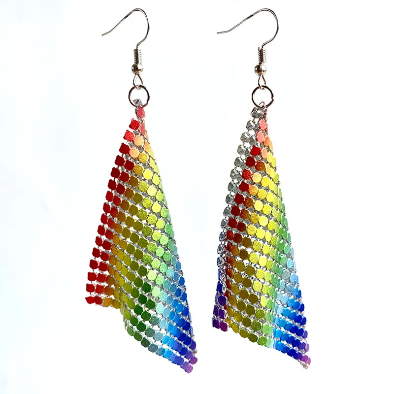 Popular Rainbow Color Metal Mesh Aluminum Piece Stud Earrings Ladies Retro Fashion Color Shiny Geometric Pattern Drop Earrings