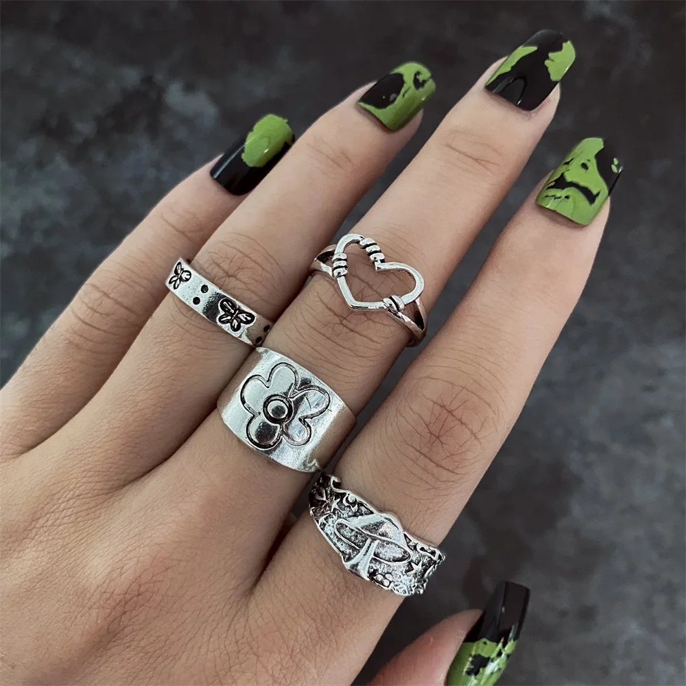 FNIO Punk Gothic Butterfly Snake Chain Ring Set per le donne dadi neri Vintage argento placcato Retro Charm Finger Jewelry