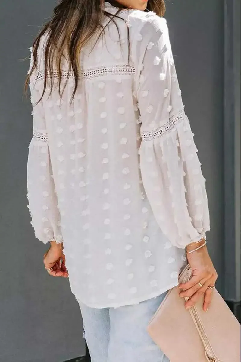 Long Sleeve Women Blouse Shirt white polka dot Boho Shirts Tops V-Neck women Tops chiffon women blouse