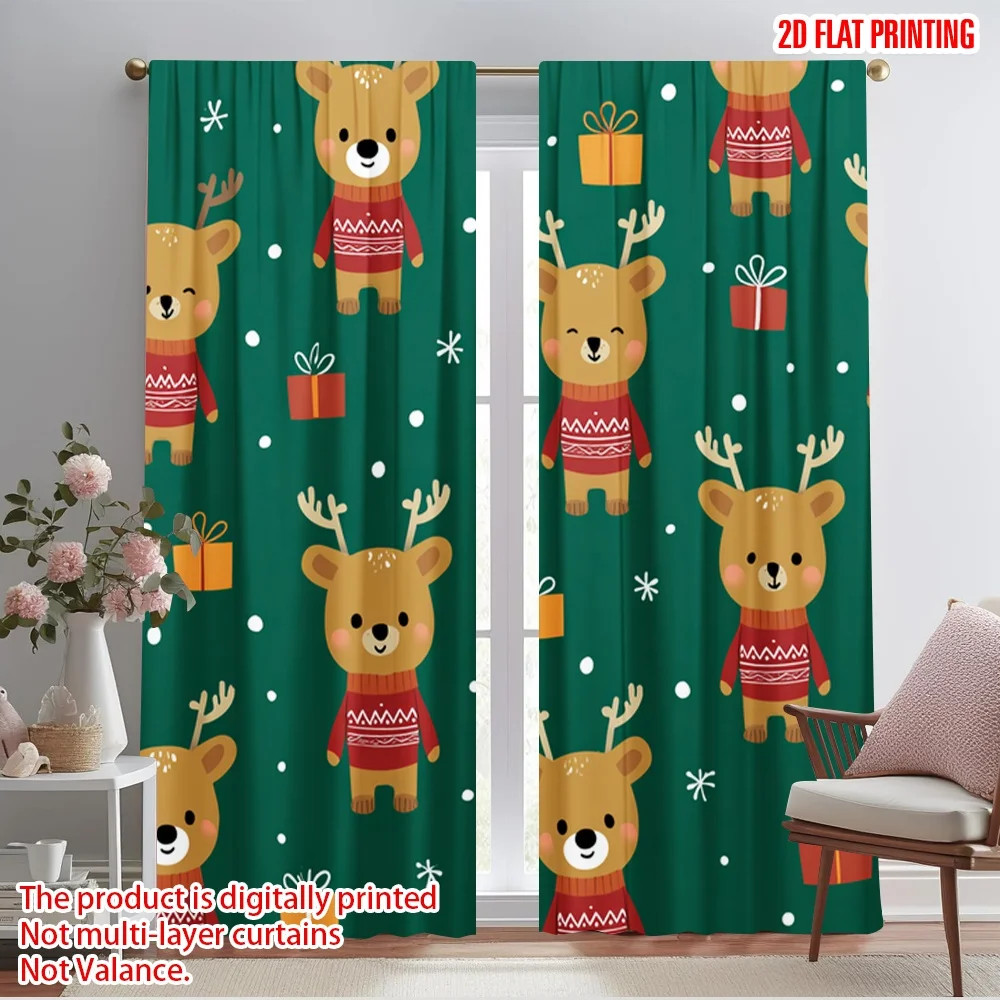 

2pcs 2D flat printing Drapes Cute Reindeer Christmas Polyester Without Electricity 0 Use for Holiday Parties Home Decor & Studio