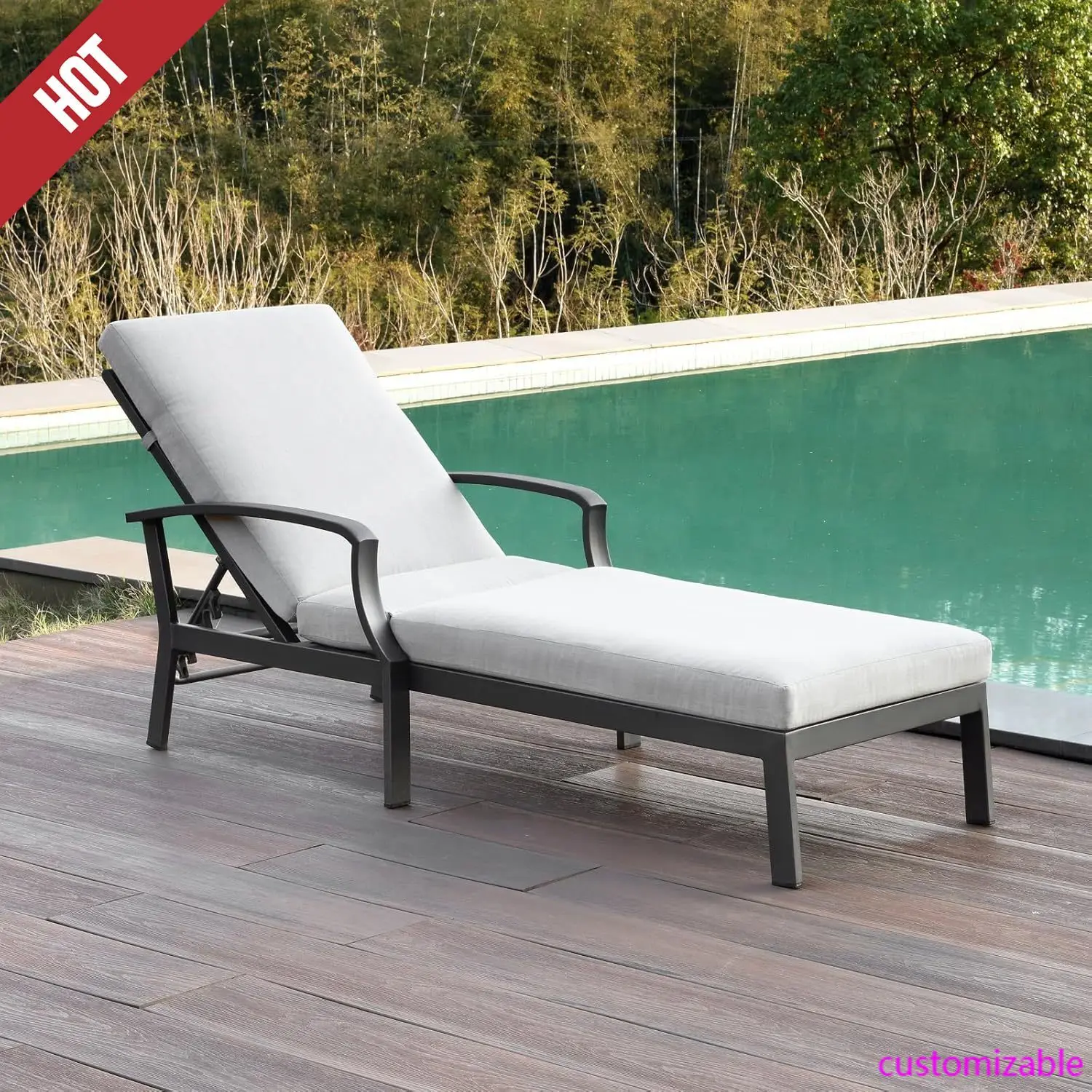 Aluminum Outdoor Chaise Lounge with Thick Cushion, Outdoor Lounger Pool Furniture with 6-Position Adjustable Backrest,Gunmetal