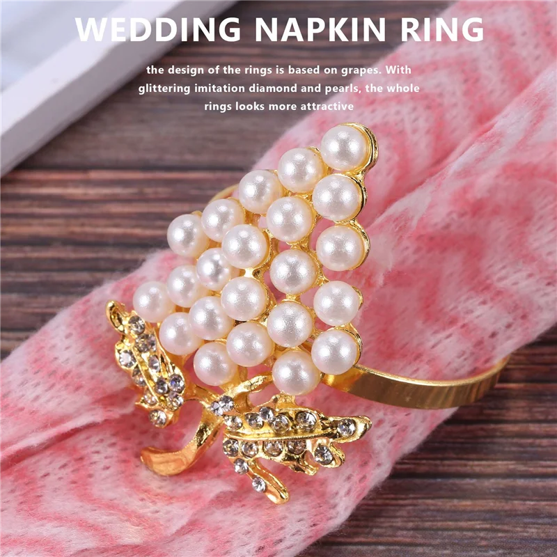 Grapes Napkin Rings Set of 6, with Glittering Imitation Diamond and Pearls Inlay Alloy Napkin Ring Holder