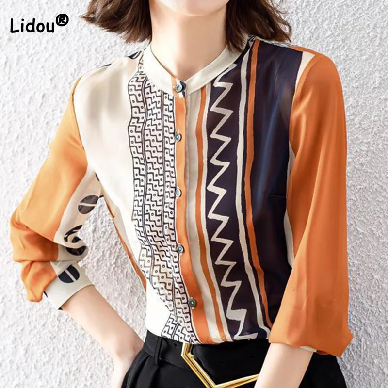 Spring Autumn Women\'s Clothing Chic Geometric Printing Loose Office Lady Stand Collar Single Breasted Chiffon Long Sleeve Shirt