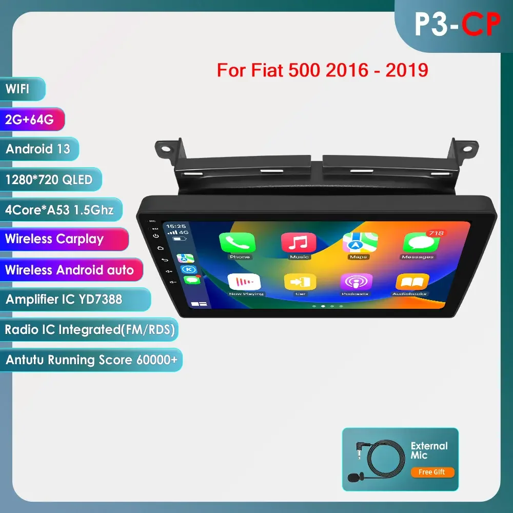 Hizpo 9 ''Draadloze Carplay Android Auto Auto Multimedia Speler Voor Fiat 500 2016 2017 2018 2019 Carplay 4G Autoradio 360 ° Camera