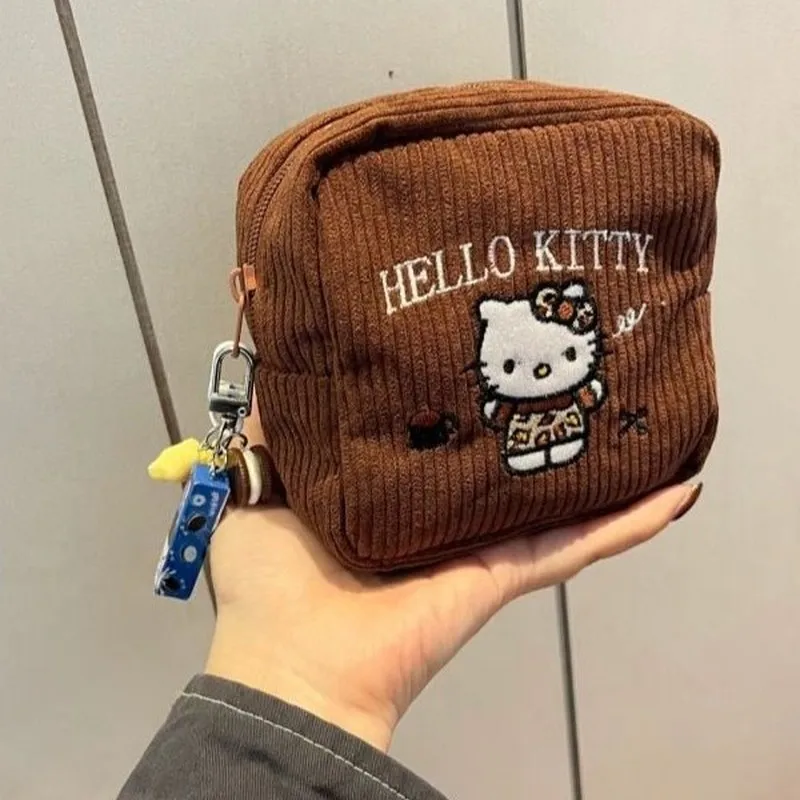 

Hello Kitty вышитая косметичка большой вместимости каштановый вельветовый чехол для хранения губных помад, наушников, маленькая квадратная сумка