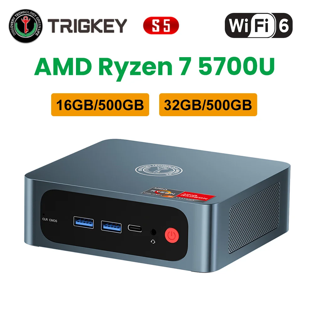 TRIGKEY S5 5700U 미니 PC, AMD Ryzen 5 DDR4, 16GB, 32GB SSD, 500GB, 지지대, WiFi6, BT5.2, 4K 듀얼 HD, 1000M 데스크탑