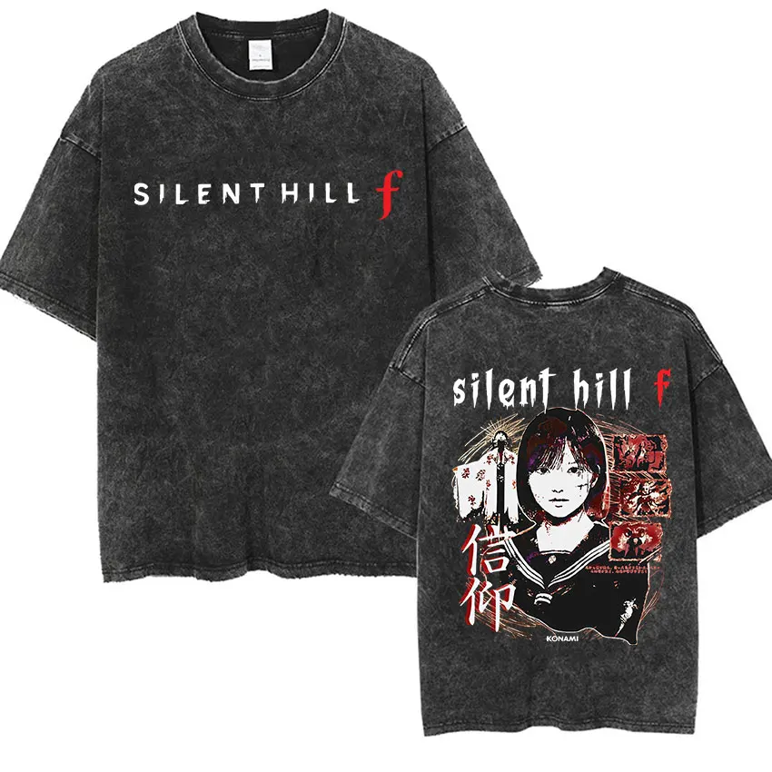 Silent Hill F Vintage lavé T-shirt hommes femmes gothique classique imprimé vêtements T-shirts Hip Hop Cosplay Fans T-shirt à manches courtes