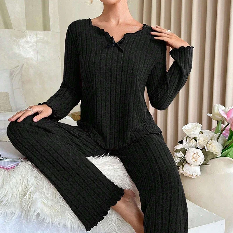 Women\'s Ribbed Pajamas Set Autumn Long Sleeve Top And Long Pants Sleepwear 2 Piece Set For Women Casual Home Elastic Pajamas