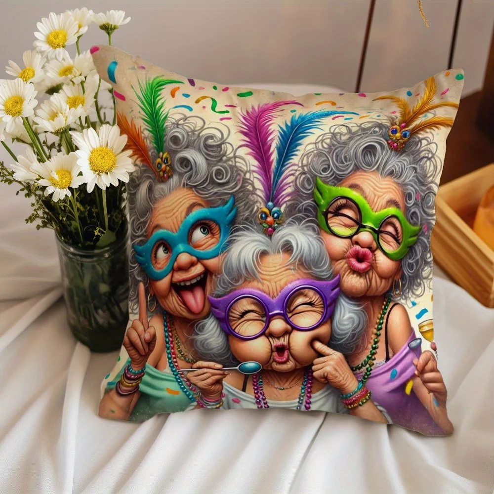 Funny Grandma Pillow Case, Colorful Carnival Mask Cushion Cover, Quirky Elderly Women Art Home Decor for Sofa Living Room Gift