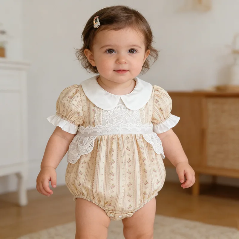 

Baby Girl Lace Bodysuit Short Sleeve Cotton Floral Print Princess Style Snap Daily Birthday Jumpsuit for Toddler Photography