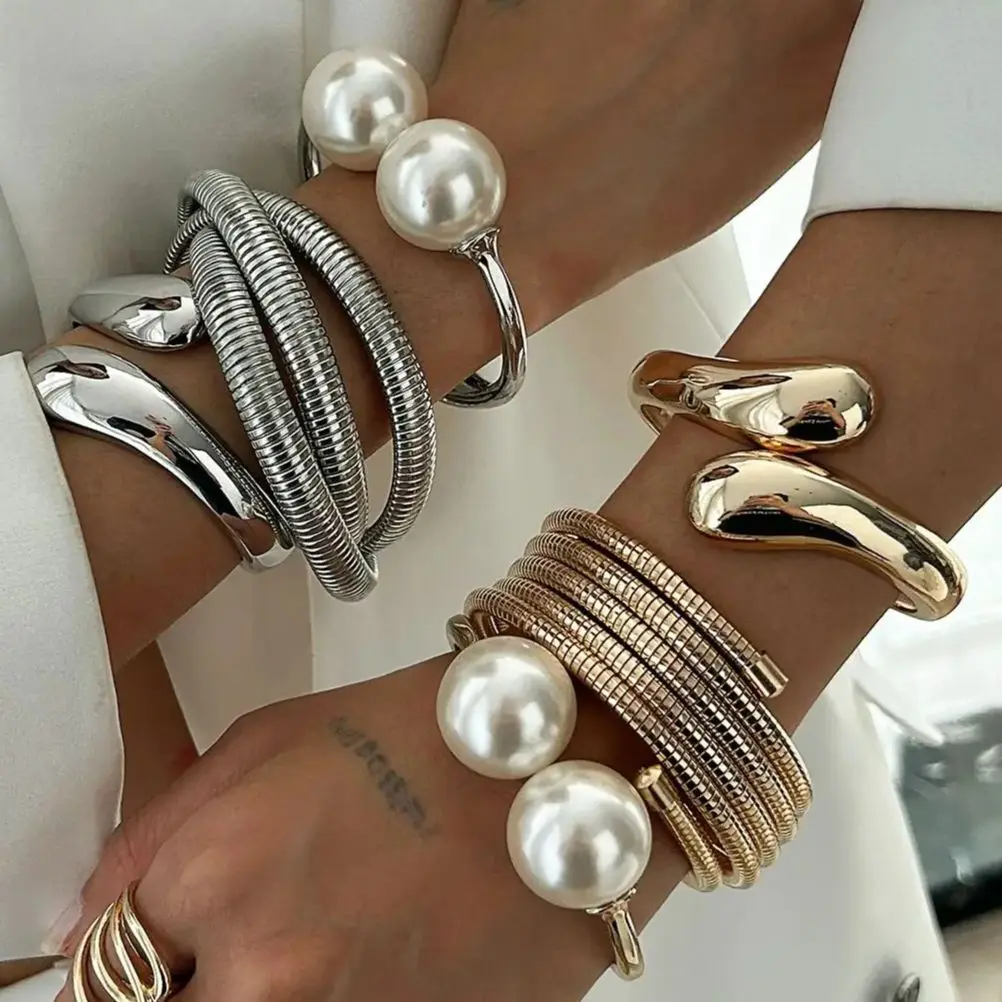 PuRui 3 Styles Large Imitation Pearl Wide Cuff Bangles for Women Vintage Multilayer X-Shaped Cross Spring Bangle Open Bracelets