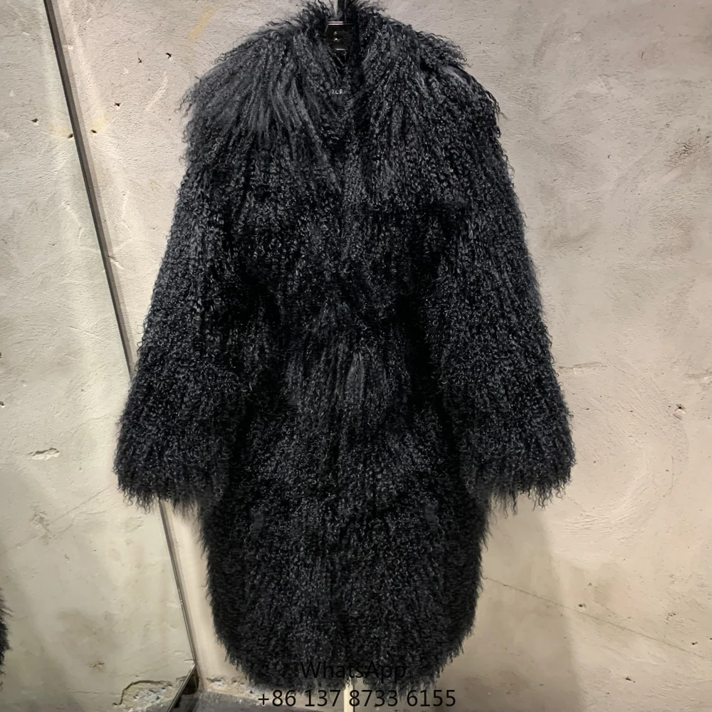 Black Mongolia Fur Coats 2024 Trendy Curly Long Fur Coat Long Sheep Fur Coat Women