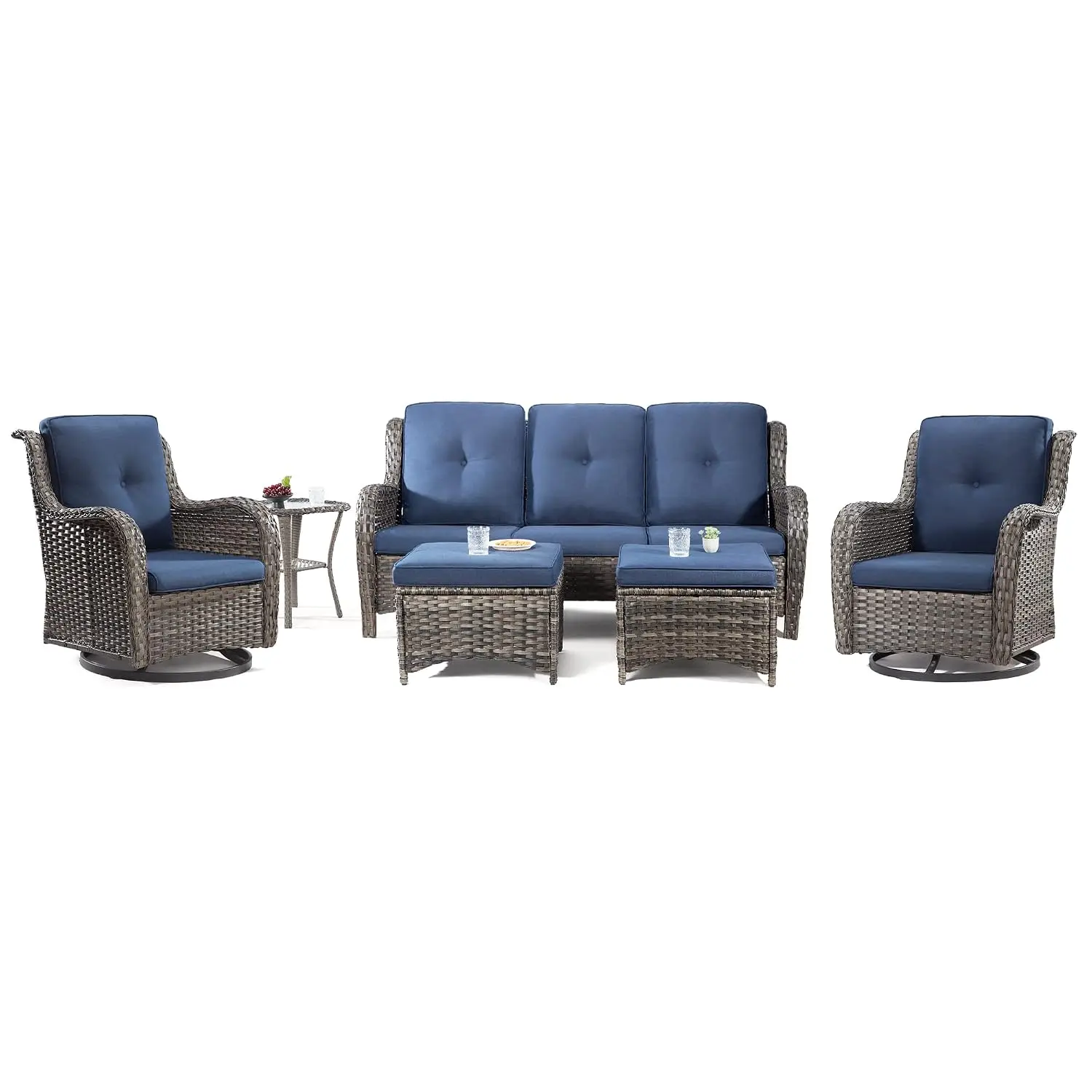 6-Seat Wicker Patio Sofa Set With Swivel Rockers, Ottomans & Table, Outdoor Garden Furniture, Mixed Grey/Blue, Customized