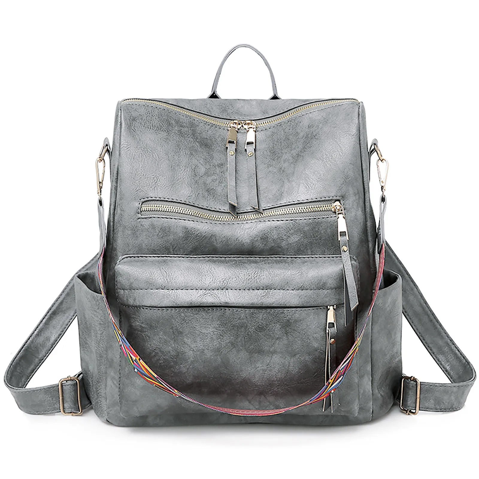 Plain Demin Backpack Women\'s Fashion Handle Multi Zipper Pocket Messenger Bag large capacity Knapsack Outdoor Causal Hobos