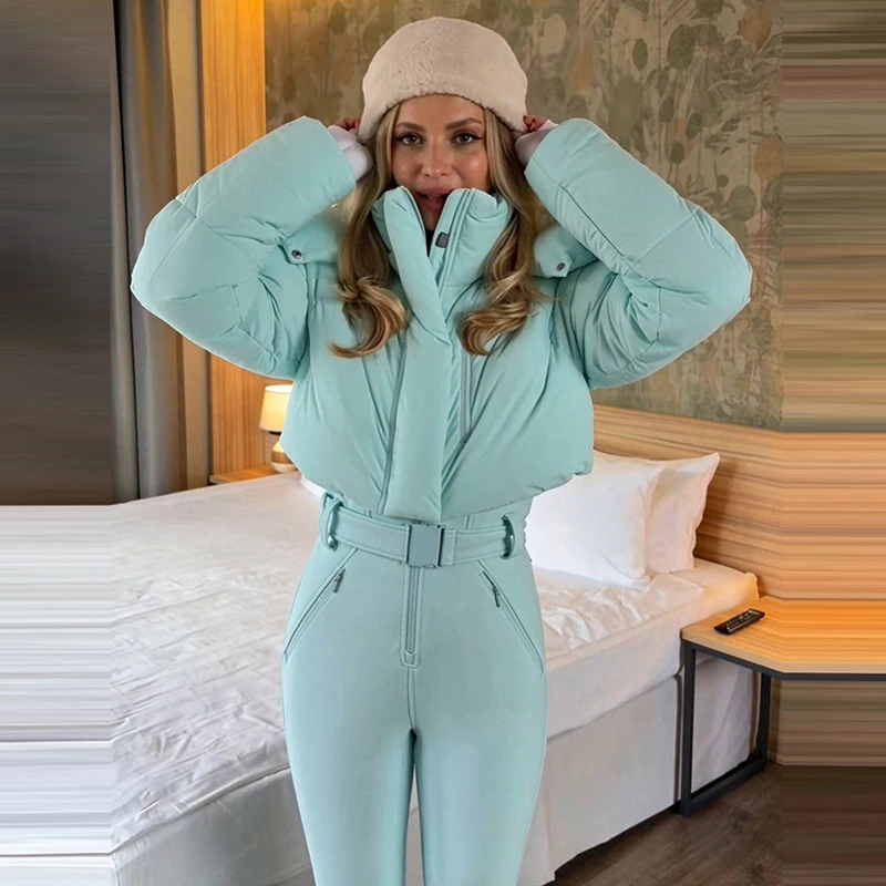 Women One Piece Ski Suit Stand Collar Windproof Zipper Skiwear With Belt High Waist Slim Fit Snowsuit Winter New Lady Jumpsuits