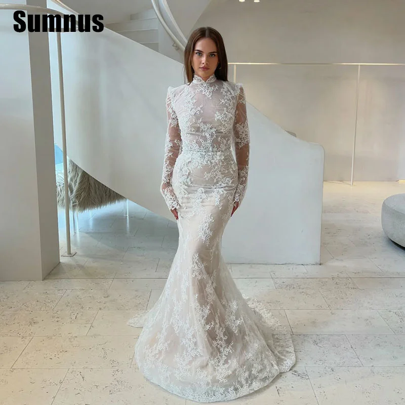 

Sumnus Charming Mermaid Wedding Dresses Long Sleeves Floor-Length Bridal Gowns With Lace Appliques Bride Dress Customized