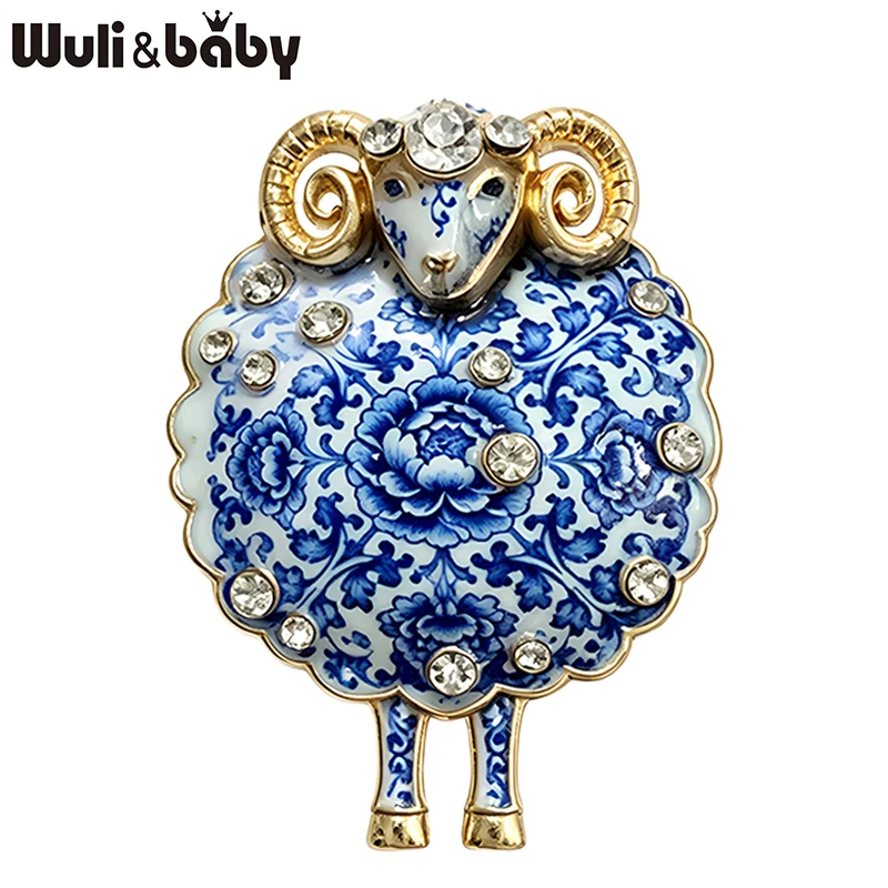 Wuli&baby Ziegenbroschen im blau-weißen Porzellandesign für Damen und Herren, bezaubernde Broschen mit Ziegen- und Schafmotiv, Geschenke – Detail 1