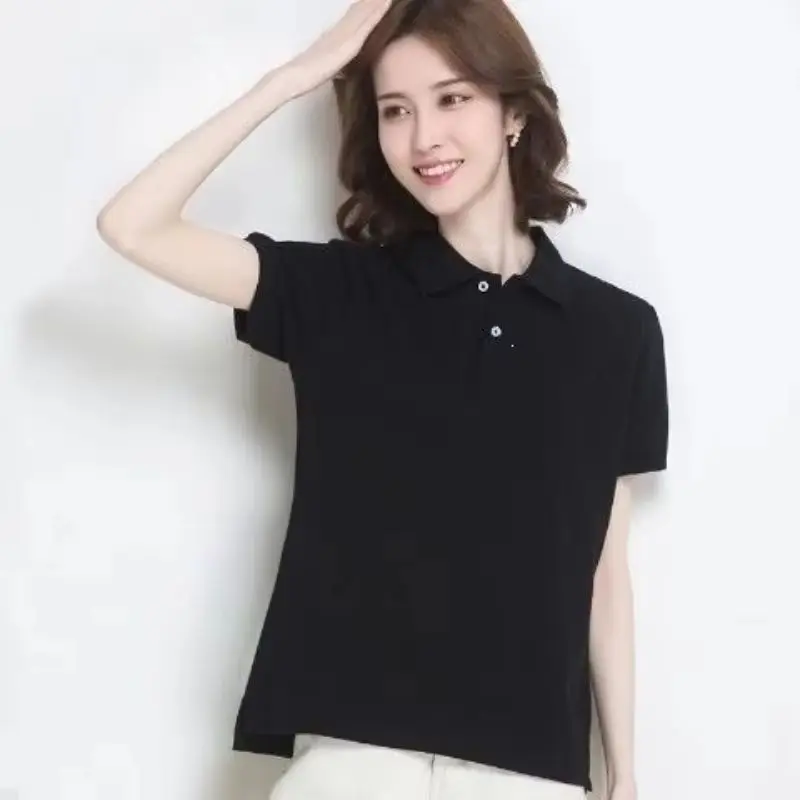Women's basic solid color short-sleeved POLO shirts summer knitted tops daily casual models can be machine washed and dry cleane