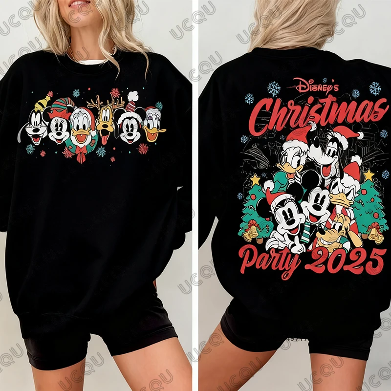2025 عيد الميلاد ديزني الأسرة ميكي ماوس طباعة القطن المرأة هوديس الخريف الشتاء عادية كم طويل البلوز الأزواج القمم