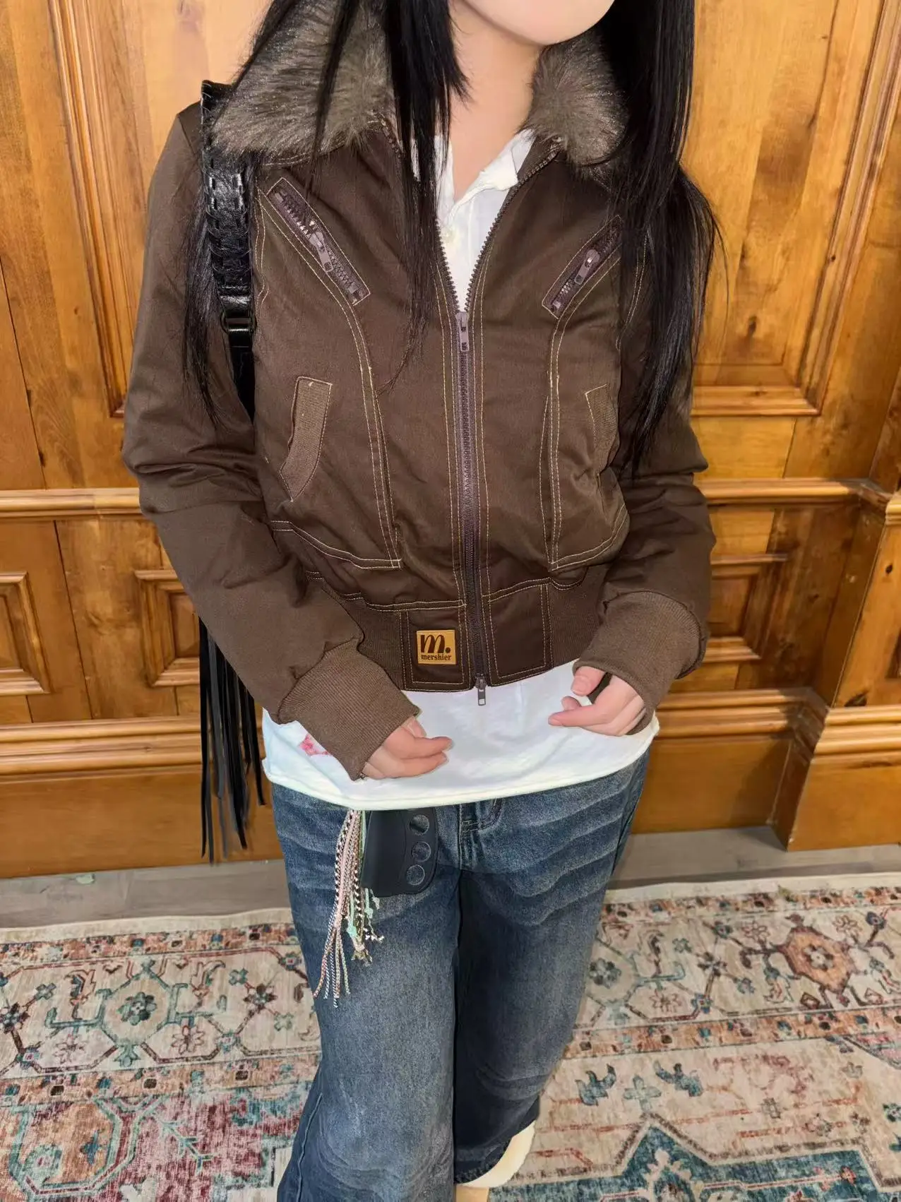 

Американское ретро-пальто из хлопка с меховым воротником для женщин, укороченное, утепленное, с длинными рукавами, на молнии, в уличном стиле