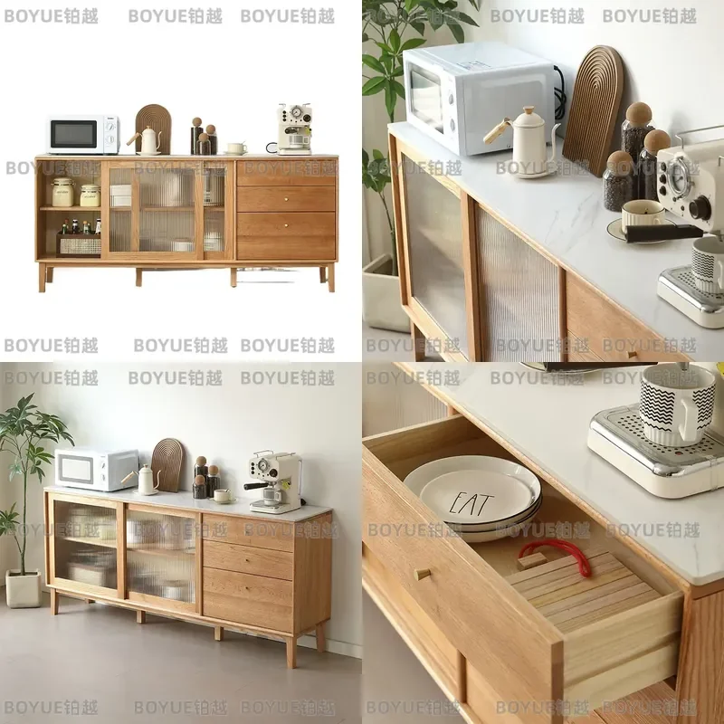 Solid Wood and Sintered Stone Double Sideboard Modern Minimalist Oak Dining Storage Cabinet High Buffet Server for Living