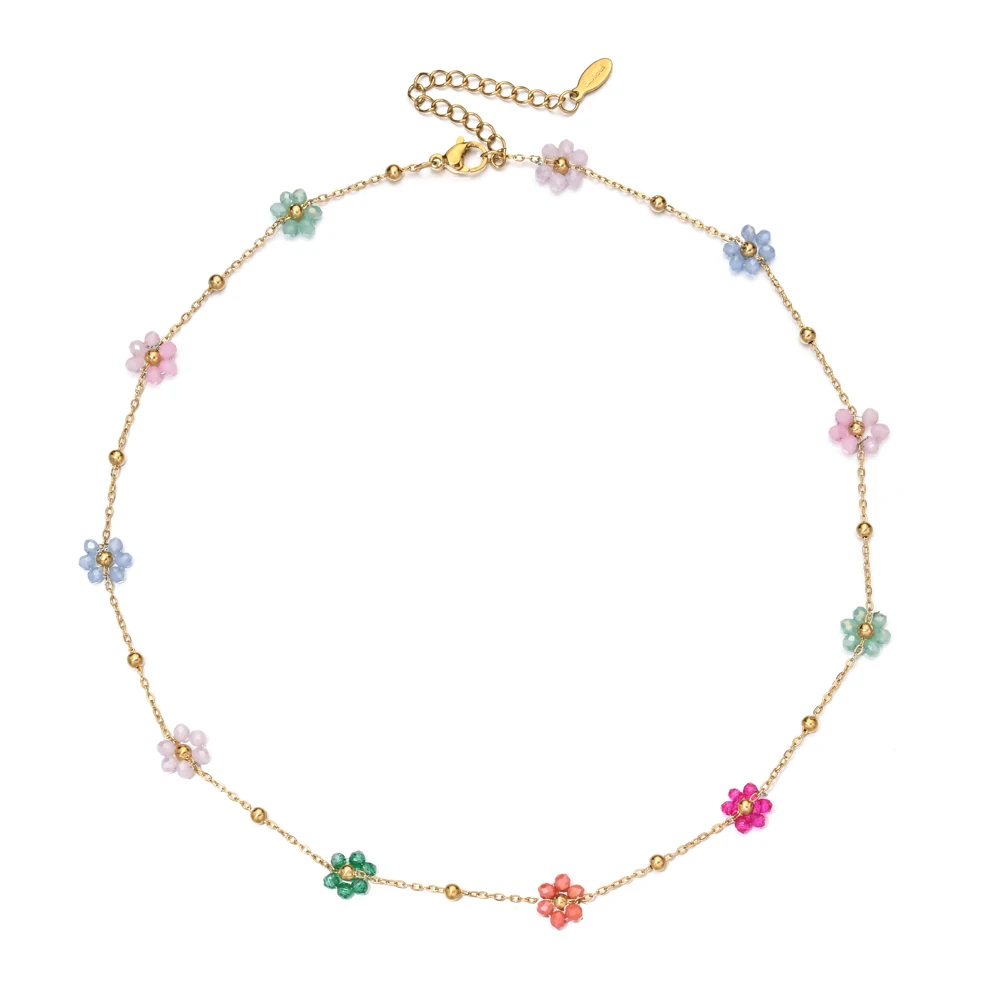 Handmade Glass Beads Cherry Blossom Charm Necklace For Women Simple Style Flower Clavicle Chain Party Jewelry Choker Gift