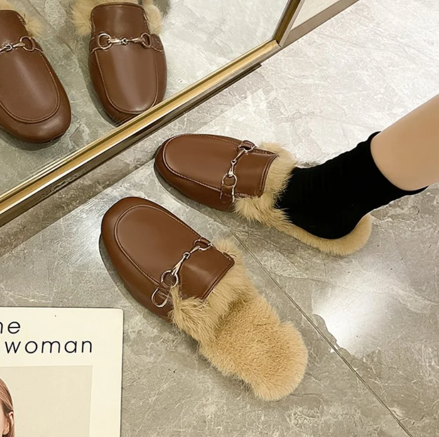 Women Thicken Plush Fur Slippers 2024 Winter warm Slip on Chunky Loafers Mules chinelos Woman Thick Bottom Cotton Flip Flops