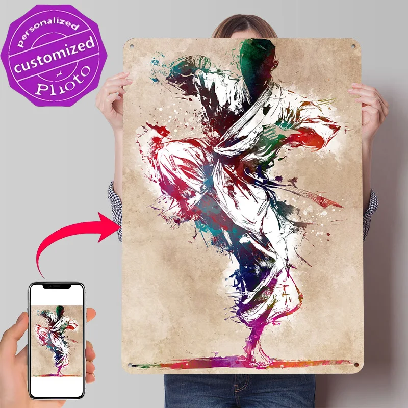 Karate Kick Watercolor Art 3D Texture Printed Poster Custom Vintage Metal Tin Plate Sign for Wall Art Home Decor Accessories