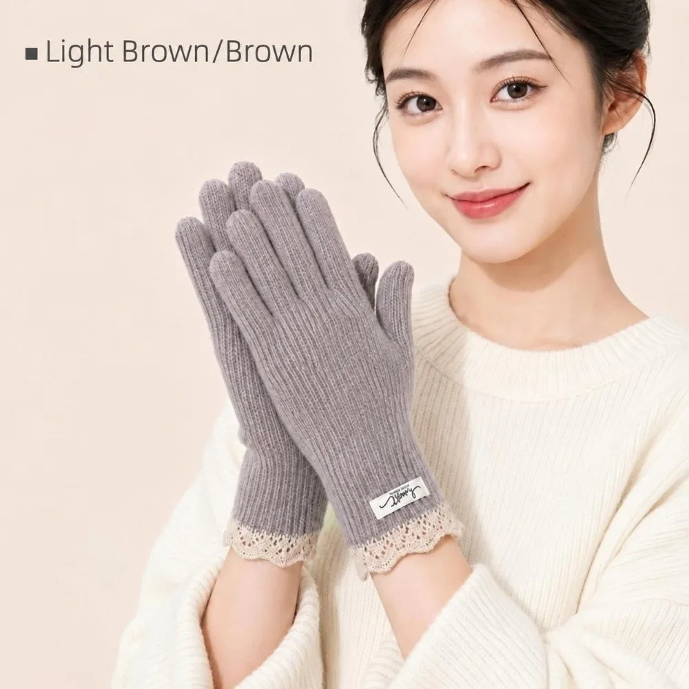 Comfortable Lace Cuff Open Tip Touch Screen Gloves Warm Winter One Size Wool Blend Gloves Long Knitted Gloves For Students