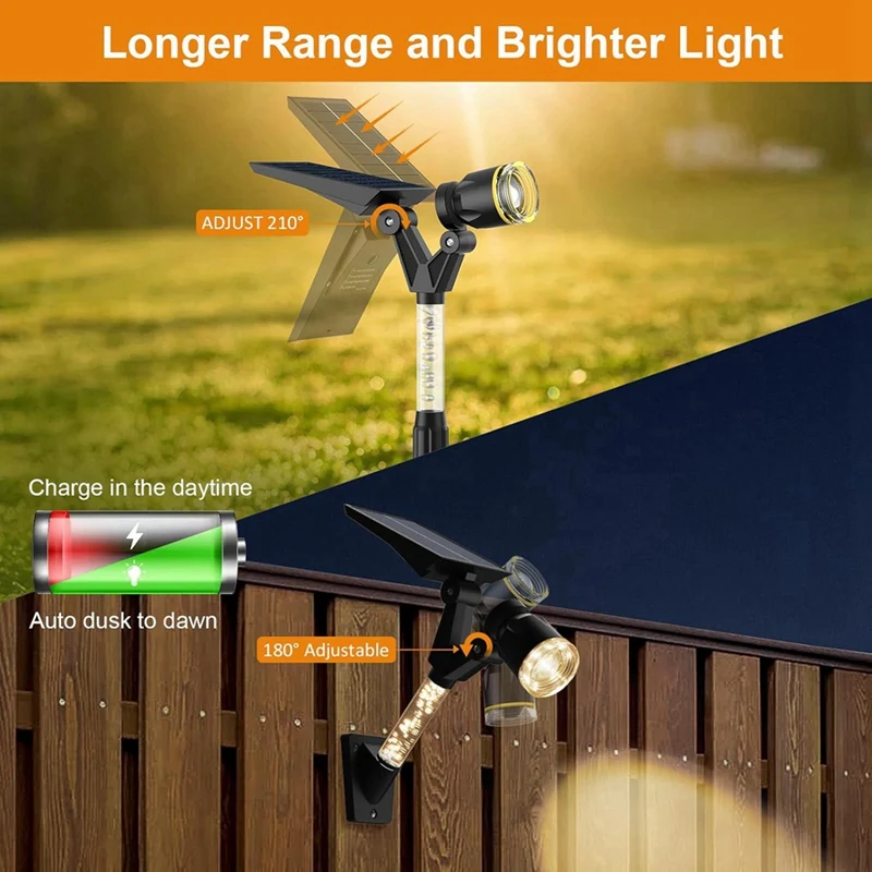 Солнечные точечные светильники для улицы, водонепроницаемые, солнечные точечные светильники, ландшафтное освещение для улицы, солнечные прожекторы, настенные светильники, 2 шт.