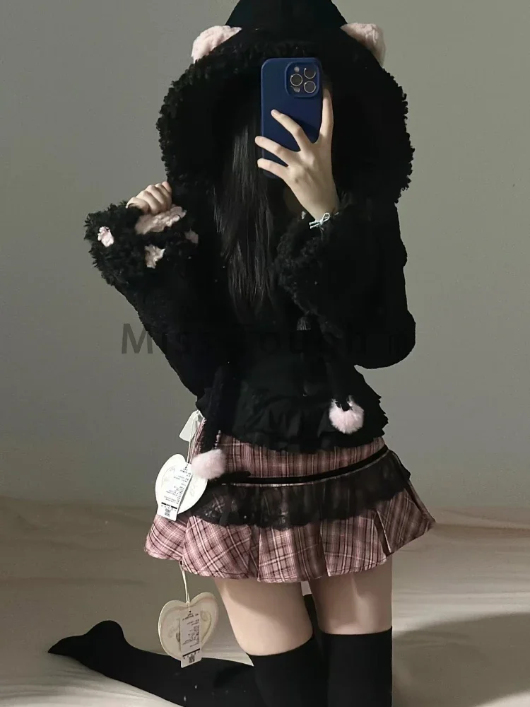 Autumn Winter Japanese Kawaii 3-piece Set Women High Street Sweet Hooded Coat Retro Bow Sling Vest + High Waist Plaid Pink Skirt