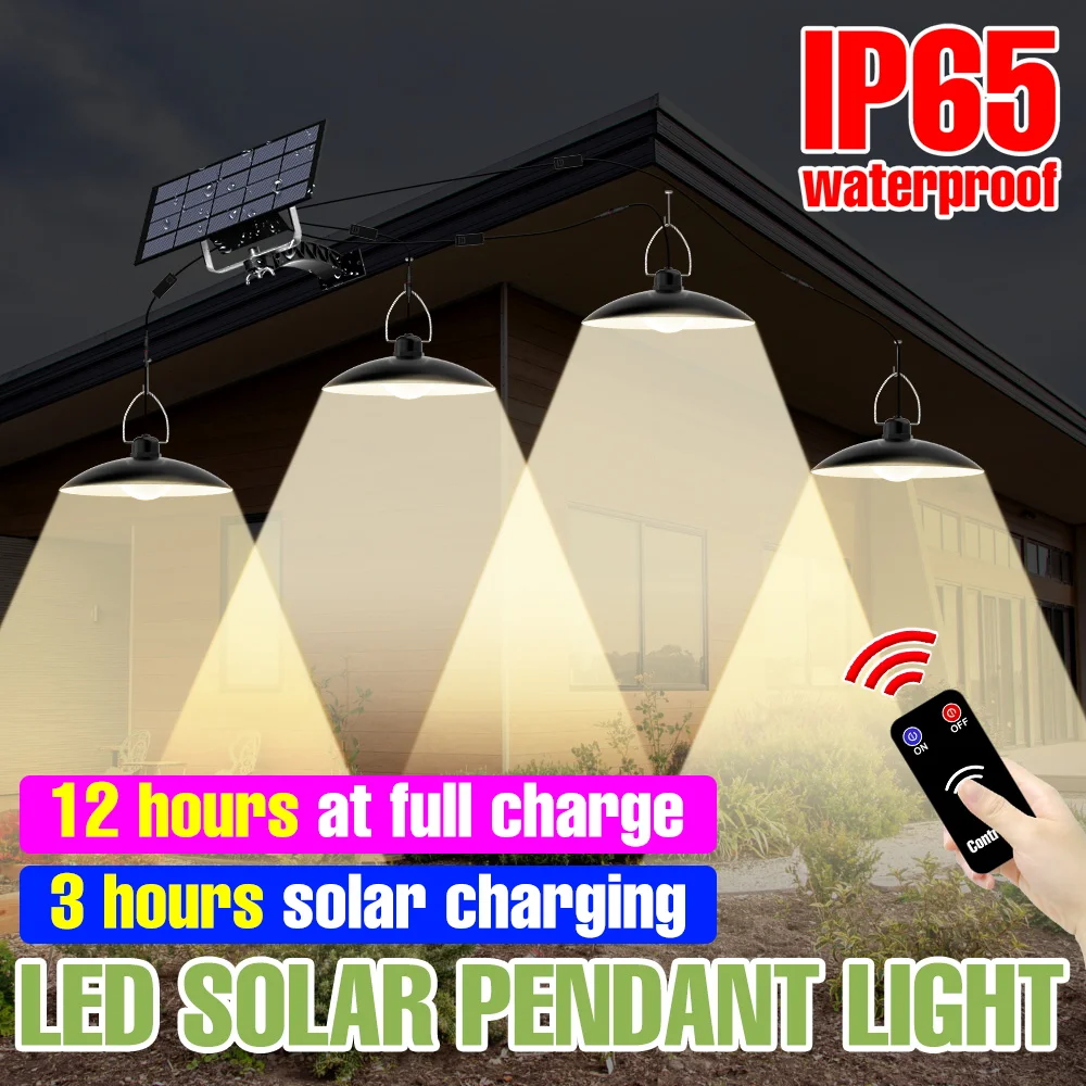 

Светодиодный подвесной светильник на солнечной батарее, водонепроницаемый уличный светильник для кемпинга, сада, крыльца, балкона, патио, с четырьмя головками, подвесные лампы с дистанционным управлением