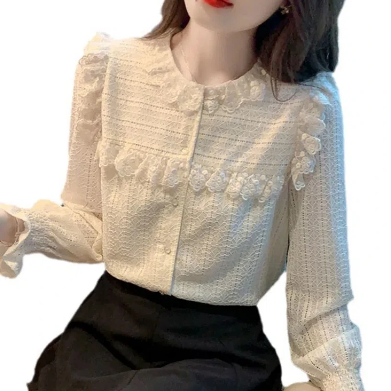 Spring Autumn New Solid Color Round Neck Long Sleeve Shirt Women High Street Button Edible Tree Fungus Cardigan Elegant Tops