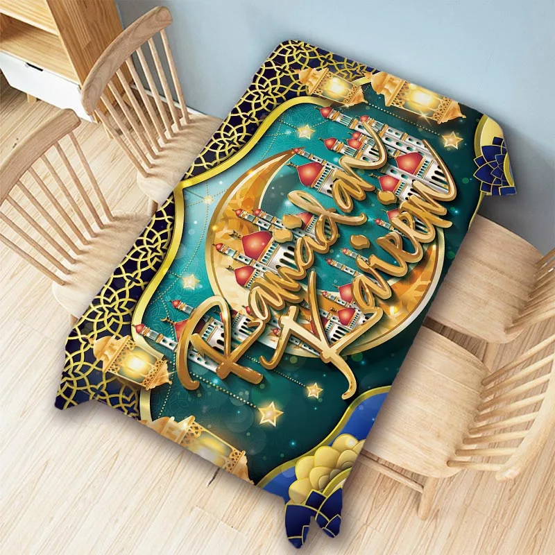 Blue Green Ramadan Eid Mubarak Moslem Muslim Theme Mosque Print Water Resistant Linen Wall Tapestry Table Cloth Furniture Cover