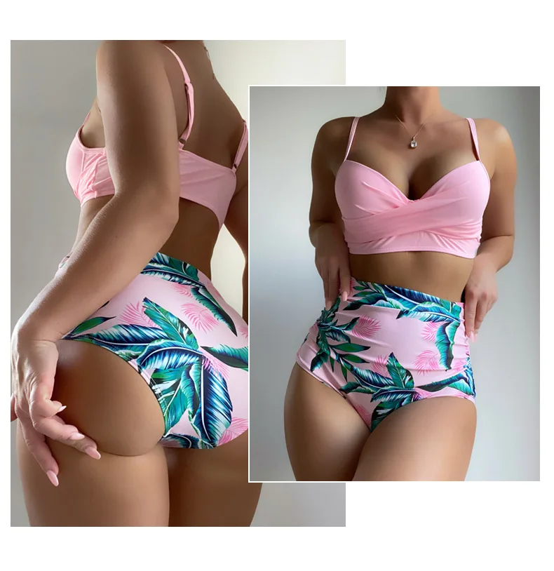 เซ็กซี่หน้าอกรวบรวมเอวสูงแยกบิกินี่ชุดพิมพ์บางชุดว่ายน้ําชายหาดชุดว่ายน้ํา