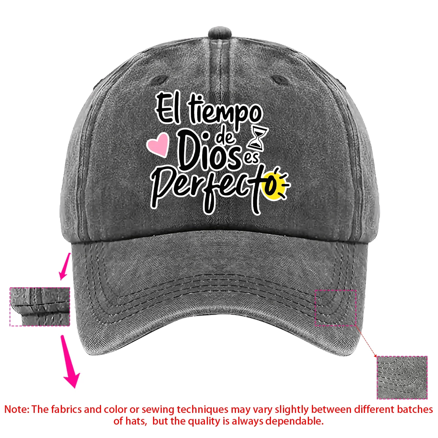 

A Fun-Themed Baseball Cap Featuring The Phrase "The Timing of God Is Perfect" with Multiple Color Options And an Adjustable ,