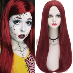 Red Sally Wig Sally Costume Wig Long Straight Red Wigs Sally Dark Red Cosplay Wig Middle Part Heat Synthetic Fiber Hair Wigs